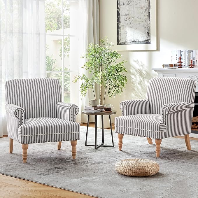 HUIMO Linen Fabric Accent Chair Mid-Century Modern Upholstered Armchair with Solid Wood Legs Comfy Reading Club Chair for Living Room Bedroom (2 Dark Grey and White Stripe)