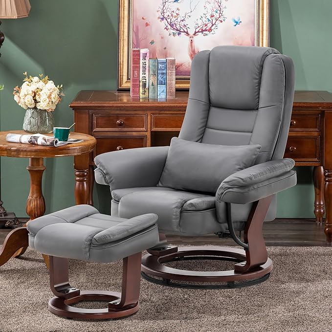 MCombo Swivel Recliner with Ottoman Chair TV Chair Sets with Vibration Massage for Small Space Living Room Bedroom 9096 9099 (Faux Leather Grey)