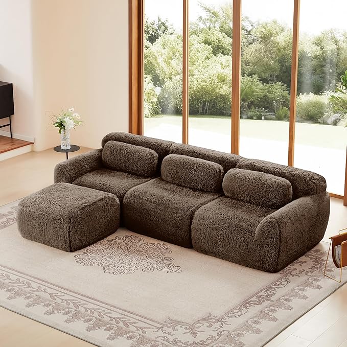 Boneless Couch Sectional Couches for Living Room 114.7'' L Shaped Modular Sectional Sofa with Ottoman Comfy Plush Cloud Couch with Deep Seat Oversized 3-Seater Modular Couches Brown