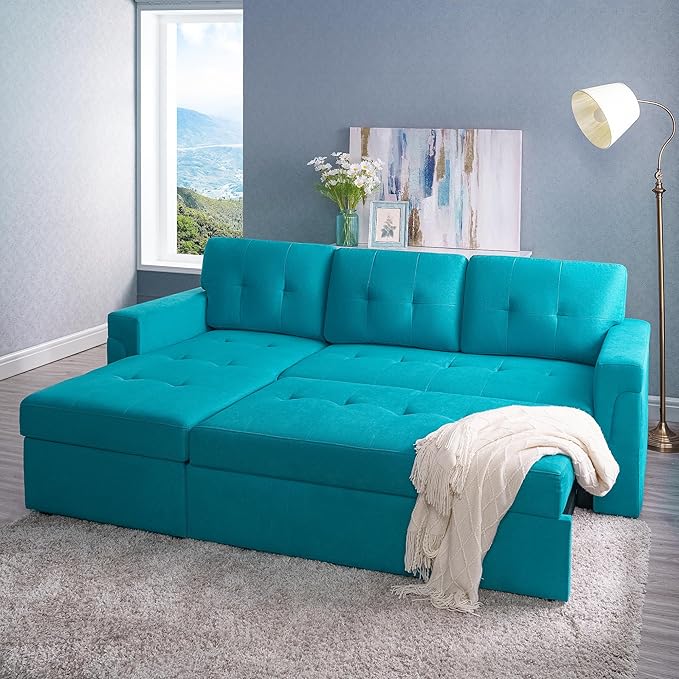 Naomi Home 85 in. Convertible Sofa with Storage Reversible L Shape Sofa Couch with Chaise Comfy Couches for Living Room Teal/Velvet