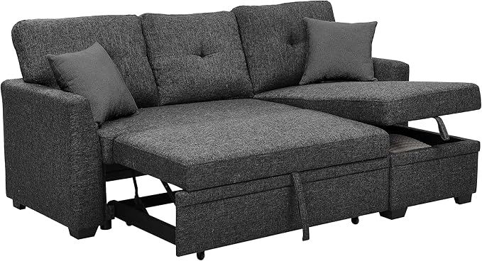 76 Linen Blend Convertible Sofa with Pull-Out Bed Stylish Sleeper Couch with Hidden Storage Space 3-Seater Couch with 2 Soft Pillows for Living Rooms Charcoal Black