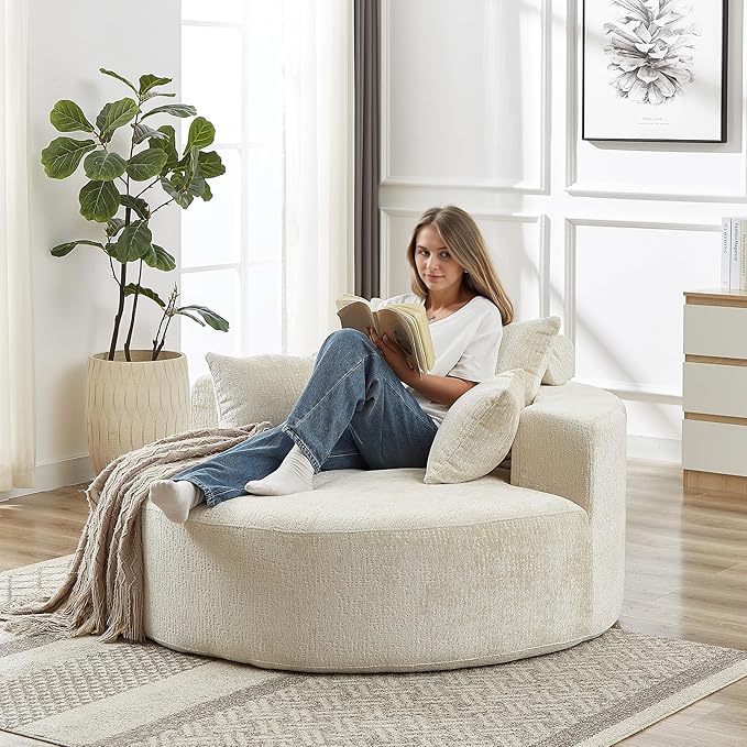 55 Oversized Chaise lounge Chair Indoor Modern Upholstered Deep Seat Wide Armrest Single Floor Circle Round Sofa Chair Sleeper for Small Living Room Bedroom Apartment with Pillow Beige Chenille