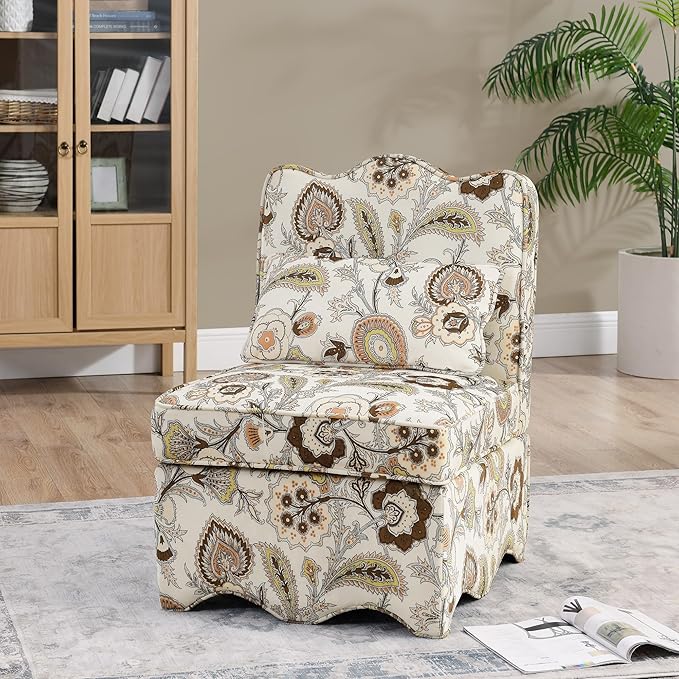 TTK Flannel Upholstered Accent Chair - Retro Single Sofa Chair with Floral Pattern Armless Lounge Chair with Removable Cushion &amp Pillow Comfortable Dining Chair for Living Room (Brown)