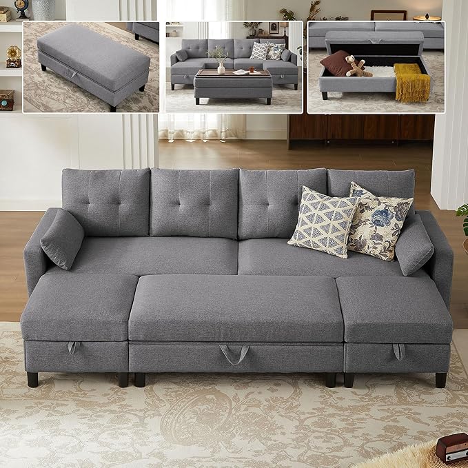 Sectional Sofa Couch Sleeper Sofa Bed 101 Convertible U Shaped Couch with Double Chaise 4-Seat Sofa Set for Living Room Light Grey