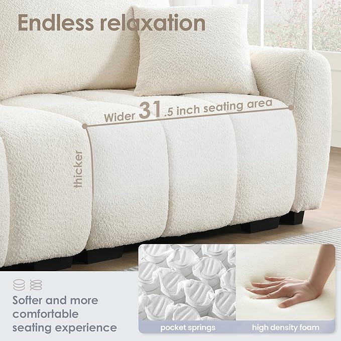 110 Modular Sectional Sofa with Pull-line Design Boucle Fabric L-Shape Upholstered Couch with Extra-Large Seat and Movable Ottoman Free Combination Sturdy Metal &amp Wood Frame (Cream-04)