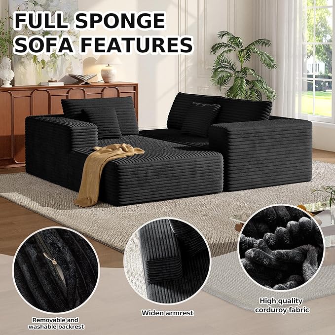 MoonSpeak 107 Sectional Boneless Couches for Living Room.Deep Seat Corduroy L Shaped Modular Sofa.Cloud Sectional Sofa.Upholstered Couches with Oversized Chaise(BlackLeft Chaise)