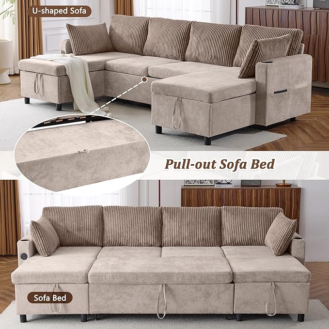 Merax Pull-Out Sofa Bed Sleeper Pull Out Sectional Couch with Storage USB Cup Holder for Apartment Living Room Brown