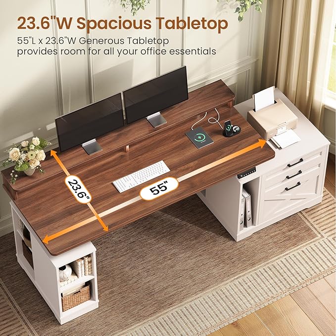 SEDETA Farmhouse Electric Standing Desk 55 Height Adjustable Computer Desk with 3 Drawers File Cabinet Storage Shelves Power Outlets Wood Home Office Desk for Work Study Writing White