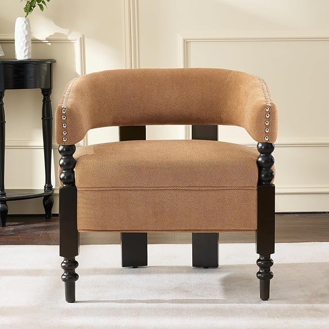 LOULENS Barrel Accent Chair for Living Room | Vintage Linen Upholstered Lounge Chair with Solid Wood Legs Armchair for Bedroom Reception Room &amp Reading Nook Brown