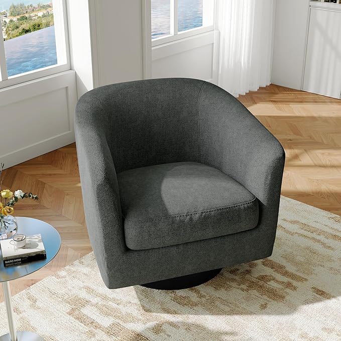 Swivel Barrel Accent Chair Modern 360° Swivel Round Barrel Chairs with Curve Back Upholstered Chenille Fabric Armchair Single Sofa Club Chair for Living Room Bedroom Gray