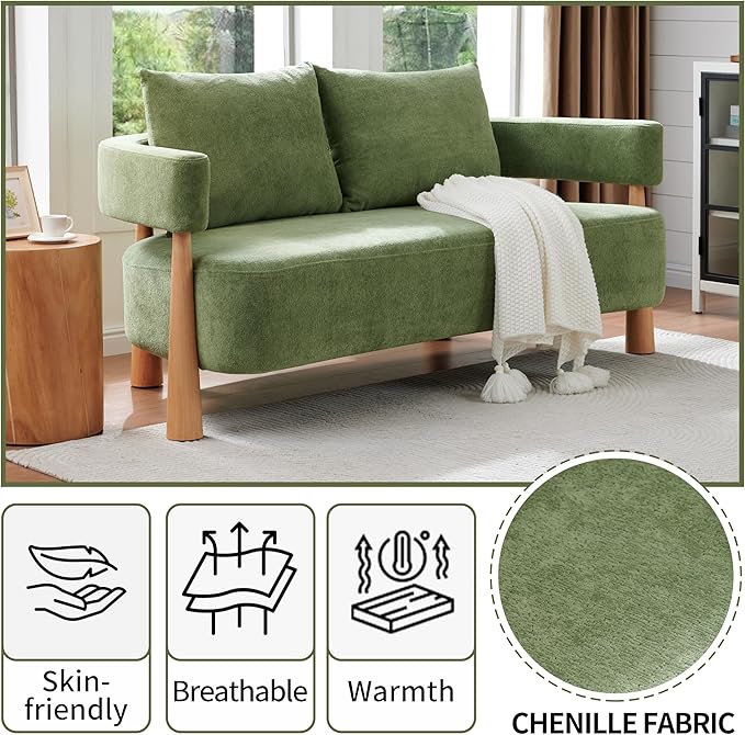 67 L Loveseat Sofa Mid Century Modern Sofa Couch with 2 Pillows Comfy Chenille Couches Upholstered Small Sofa for Living Room Bedroom Apartment &amp Office Easy Assembly Green