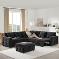 117 * 90'' Modular Sectional Pull-Out Sofa Bed with Flip-up Table Panel Reading Lamp Charging Ports Storage Ottoman 6 Pillows Chenille Oversize &amp Free Combination Couch (Black-10.5)
