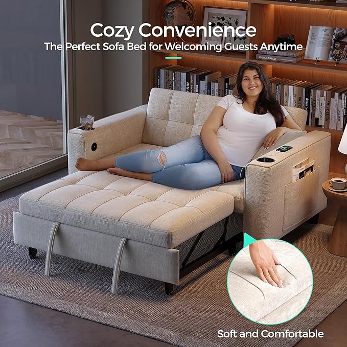 LINSY 3-in-1 Convertible Sofa Bed 54 Pull Out Sleeper Sofa with Charging Station &amp Cup Holder Small Folding Loveseat with Side Pocket for Small Space Corduroy Couch Beige