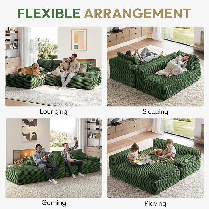 Yaheetech 110 Modular Sectional Sofa Corduroy Boneless Couch with Chaise L-Shape Cloud Couch with Detachable Pillows No Assembly Sofa for Living Room Green