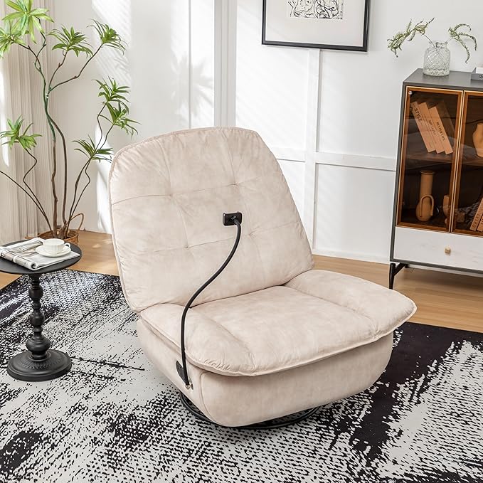 JOSHEN 41 Modern Velvet Reclining Lazy ChairLarge Reading ChairSwivel Gliding Rocking Chair with Mobile Phone Holder for Living RoomBedroomIvory
