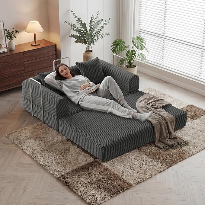 HouseMila 53.15 Convertible Sofa Bed4-in-1 Futon Sofa Bed Modular Loveseat Sleeper Folding Pull Out Couch with Pillows No Assembly Required Boneless Couch for Living Room Bedroom Guest RoomGrey