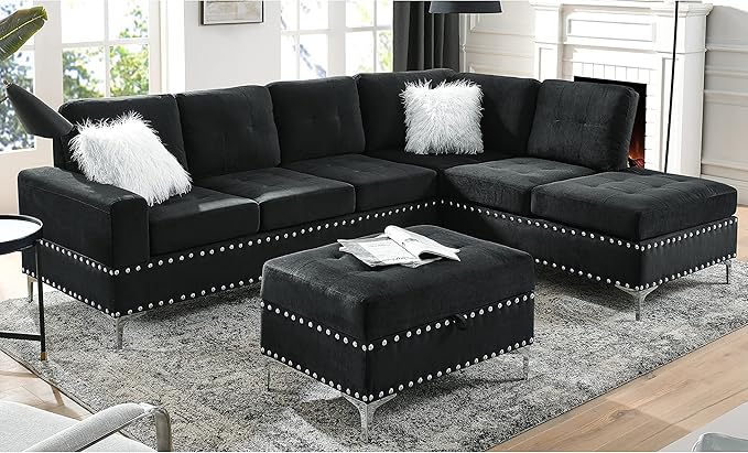 Yoglad 108'' Sectional Couches for Living Room Modular 5-Seater Couch Sofa with Reversible Chaise &amp Cup Holders L-Shaped Corner Sofa with Storage Ottoman for Apartment Office (Velvet Black)