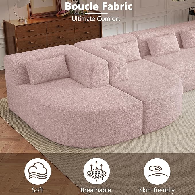 Modern 143.7 Upholstered Sectional SofaFree-Combined Sofa Couch with Two Chaise Lounge and Five Back Pillowsfor Living Room Bedroom (Pink#4)