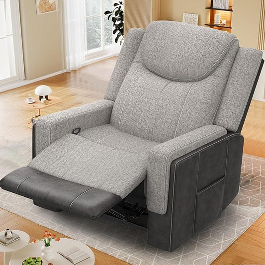 Oversize Manual Recliner Chair for Adults Extra Wide Single Reclining Sofa Chair with Ergonomic FSC Certified Grey Linen-Blend &amp Chocolate Leather Scandinavian Chic for Living Room RV