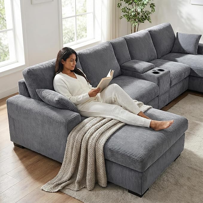 126 U Shaped Sofa Modular Sectional Sofa with Chaise Lounges Modern Couch with Storage Console USB Charging Ports &amp Cup Holders Corduoy Upholstered Deep Seat Couch for Living Room Grey | sto