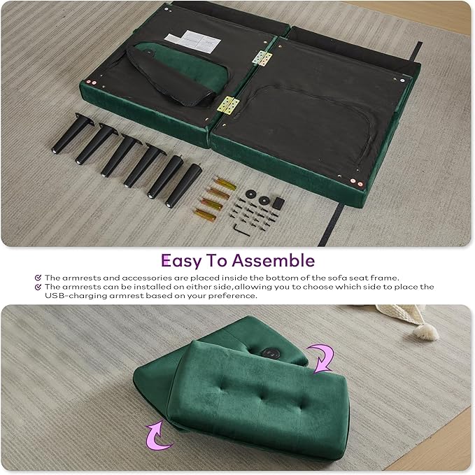 TYBOATLE 65 W Velvet Modern Convertible Folding Futon Couch Sofa Bed w/ 2 USB Charging Ports and arms Loveseat for Living Room Office Apartment Bedroom (Green)
