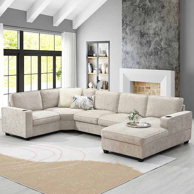 119*67 U Shaped Sectional Sofa6 Seat Chenille Corner Couch Set with Oversized Chaise LoungeIrregular Corner Deep and Wide Seat Comfy Sofa with Cup Holders for Living RoomApartment (Beige-V33)