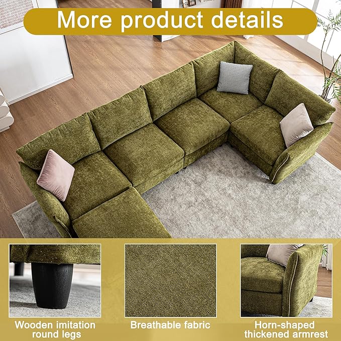 124.4 U Shaped Sectional Couches with Storage Ottoman 6 Seater Chenille Upholstered Modular Sectional Sofa Cloud Couch Sectional Sectional Couches for Living Room Bedroom &amp Apartment (Green)