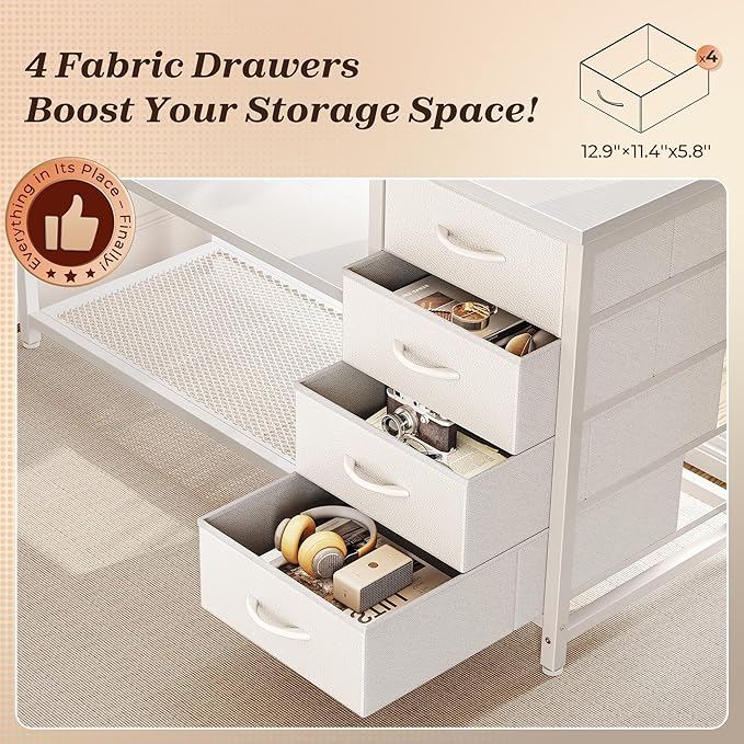 PRAISUN 53 L Shaped Desk with Power Outlets and USB-C Port Reversible Computer Corner Office Desk with 4 Fabric Drawers and 2 Height-Adjustable Shelves Large for Gaming Writing Work Study White