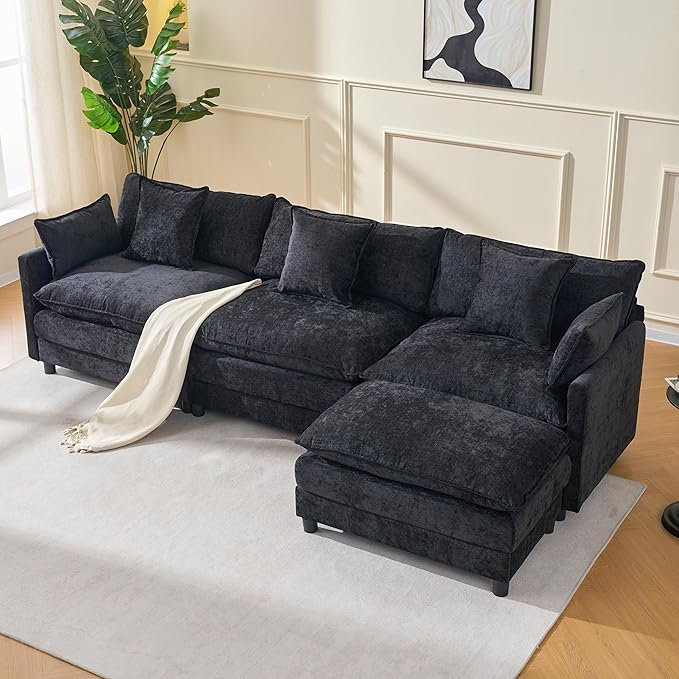 108 L-Shaped Modular Sectional Sofa with Ottoman Modern Cloud Couch Chenille Deep Seat 3-Seater for Living Room Solid Wood Frame &amp Easy Assembly (Black 3 Seat)