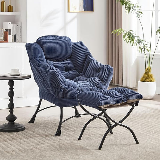 Lazy Chair with Ottoman Set Modern Lounge Upholstered Accent Sofa Chair with Armrests and Side Pocket for Small Space Bedroom Living Room Dorm Rooms Garden Navy Blue