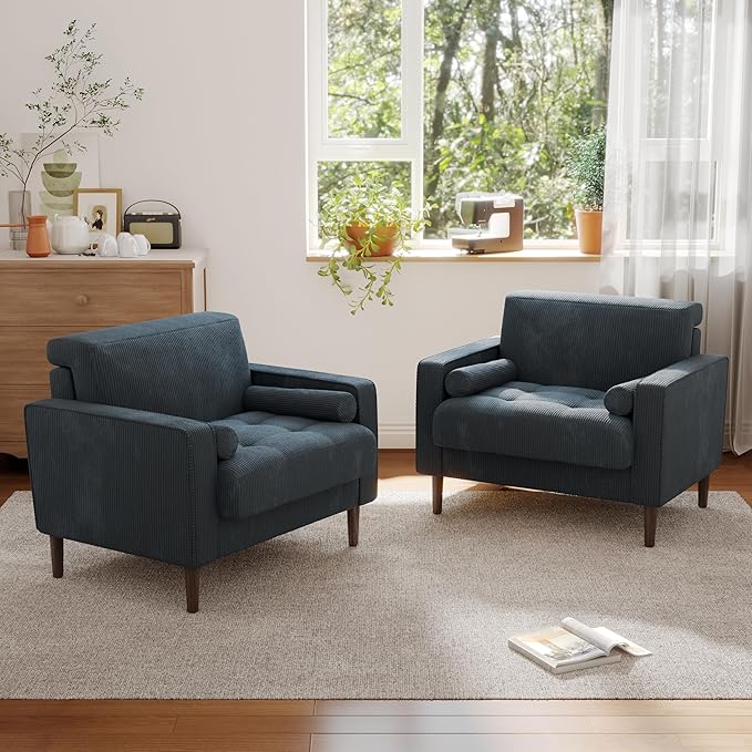 Lumibee Corduroy Accent Chairs Set of 2 Modern Upholstered ArmChairs with Large Seat for Living Room Comfy Single Reading Sofa Chairs for Bedroom-Navy Blue