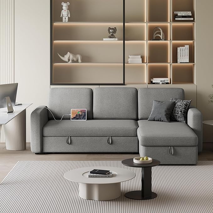 Yaheetech Sectional Sofa L-Shaped Sofa Couch Bed w/Chaise &amp USB Reversible Couch Sleeper w/Pull Out Bed &amp Storage Space Living Room Light Gray