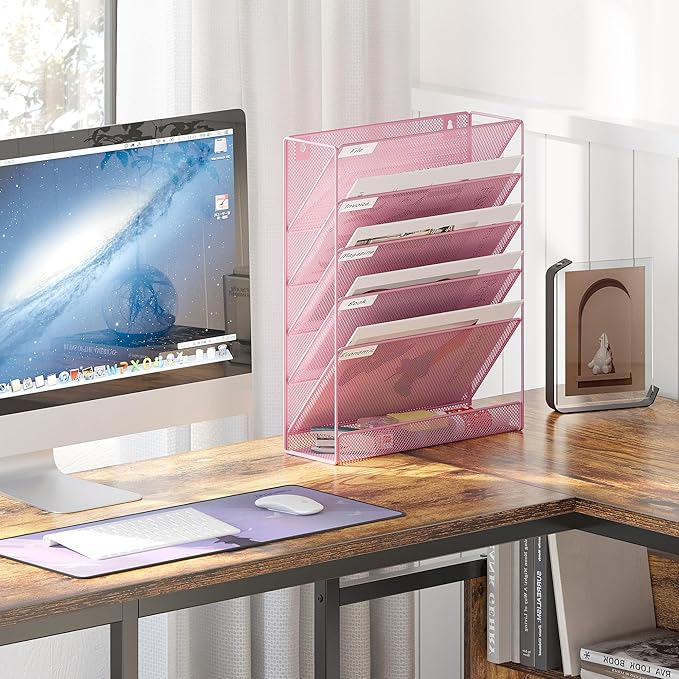 EasyPAG 5 Tier Wall File Holder Mesh Hanging Folder Organizer with Classify Label Versatile Desk File Holder Vertical Wall Mounted Mail Organizer for Office Home Cubicle Pink