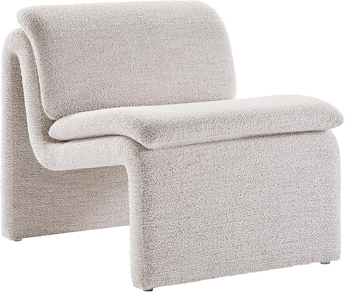 Modway Lume Curved Lounge Chair in Parchment Boucle Fabric – Modern Upholstered Armless Accent Chair with Padded Cushion - Unique Slipper Chair for Bedroom or Living Room