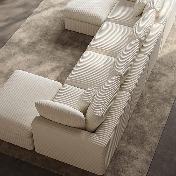 148” Cloud Sectional Couches Boneless Modular Sofa with Ottomans for Living Room Deep Seat Chenille Sectional Sofa for Apartment Warm White