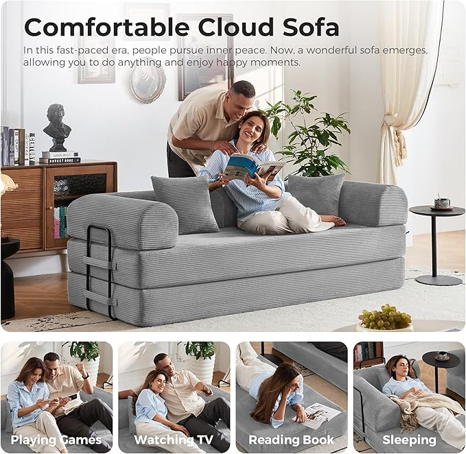 79'' Convertible Sofa Bed 5-in-1 Folding Corduroy Sleeper Couch with Pull Out Bed Oversized Modular Floor Sofa No Assembly Space-Saving Guest Bed for Apartment Living Room Bedroom (Light Gray) | C
