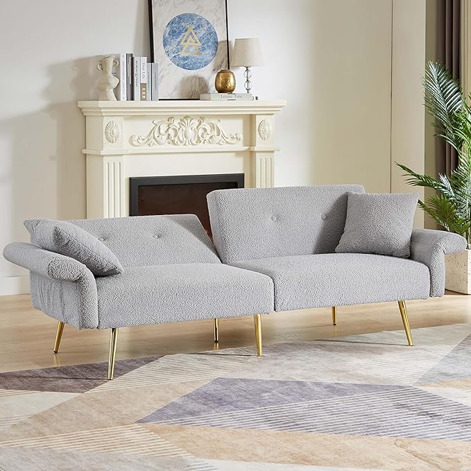 69.5'' Grey Futon Loveseat Sofa Bed Teddy Upholstered Folding Couch with Adjustable Backrest and Armrests Sleeper Sofa with Side Pocket and Gold Metal Legs for Small Space Living Room (Grey)