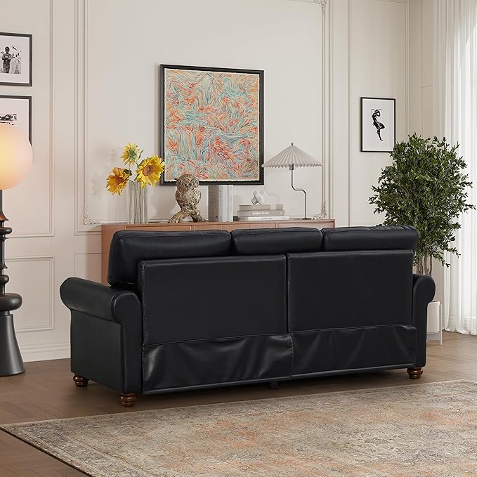 82 Faux Leather Pu Couch Underseat Storage Classic Sofa Elegance 3 Seat with Rolled Armrests Nailhead Trim Wood Legs Classic Living Room Accent Sofa 3 Seat-Black