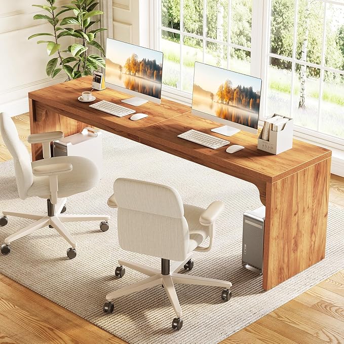 LITTLE TREE Two Person Desk 78.7 Inches Extra Long Computer Desk Wooden Brown Office Double Desk for 2 People Large Rectangular Writing Study Simple Desk Workstation for Home Office