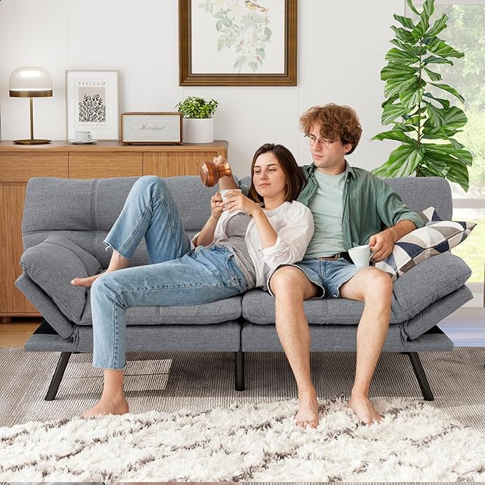 MUUEGM 71 Futon Sofa Bed Comfortable Memory Foam Futons Sofa with Adjustable Backrest &amp Armrests Convertible Loveseat Futon Bed for Compact Living Room Apartment Office Grey