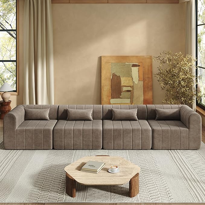 145.5 Inch Modular Full-Compressed Sectional SofaBeige Polyester Upholstered Modular Sofa with 4 PiecesCompressed Sponge Modular Couch for Living Room (Espresso#81)