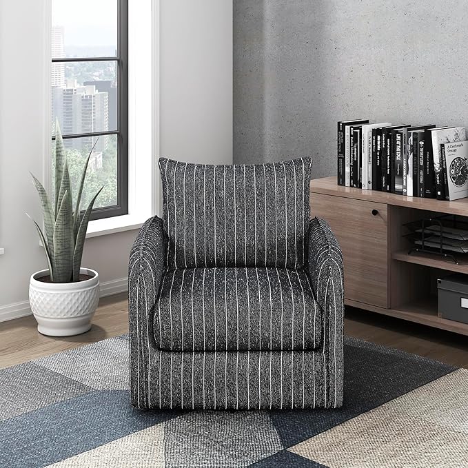 Lexicon Modern Pinstripe Swivel Accent Chair - 360 Degree Swivel Chair with Removable Back Cushion Cover Pillow Sturdy Round Metal Base for Living Room/Apartment/Nursery Black with White Stripe