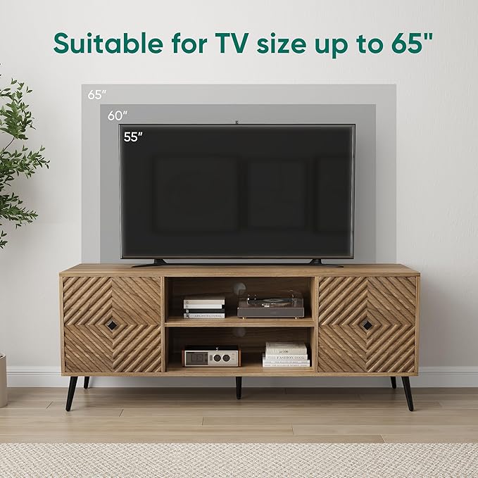 Smuxee Walnut TV Stand with Fluted Diamond Doors 55.12 Mid Century Modern TV Media Console for TVs up to 65 TV Cabinet with Adjustable Shelf &amp 2 Cabinets for Living Room