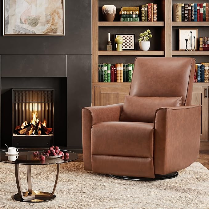 GAOMON 360° Swivel Rocking Recliner Chair Glider Rocking Chair Upholstered Faux Leather Recliner Manual Recliner Chair with Lumbar Support Nursery Rocking Recliner for Living Room Brown