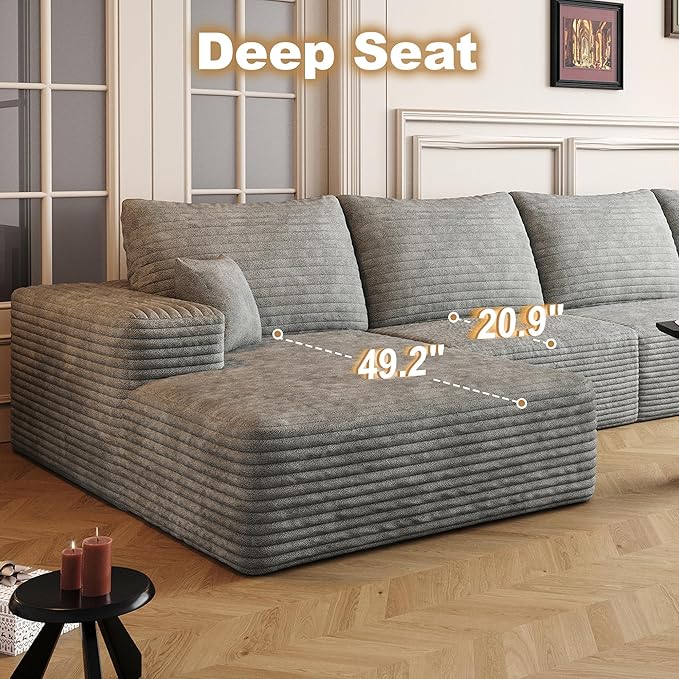 136 Sectional Couches for Living Room Cloud Couch Sofa with L-Shape Upholstered Boneless Couchs Modern Modular Sectional Couch with Chaise (Grey 136 Left Facing Chaise+3Seaters+Ottoman)