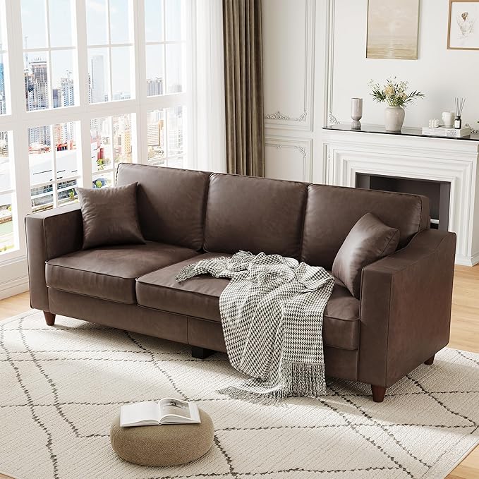 3-Seater Sofa Couch with 2 Throw Pillows 85 Inches Faux Leather Couch with Wide Armrests Deep Seats Wood Legs Back Cushion Sturdy Support Feet Couches for Living Room Office Dark Brown
