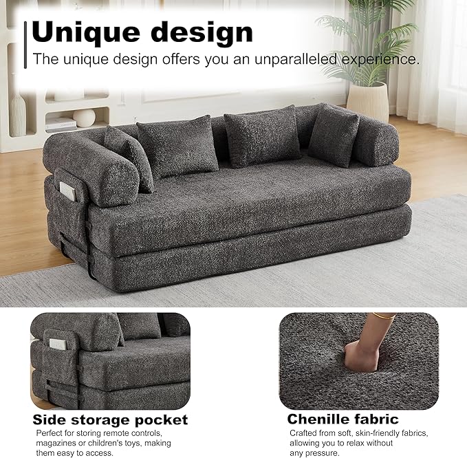 78.7 Chenille 4-in-1 Folding Convertible Sofa Bed Boneless Couches with 4 Pillows &amp Convenient Side Pockets Comfy Foldable Compressed Sofa in Box Floor Sofa Lounge Couch for Living Room(Gray)