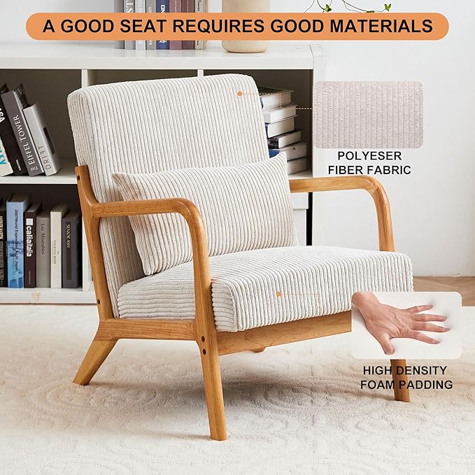 KEIKI Accent Reading Chair-25” W Mid Century Modern Armchair Upholstered Deep Seating with Pillow &amp Solid Wood Frame Living Room Soft Cushion Arm Chairs for Bedroom Balcony Beige