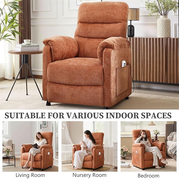 Power Recliner Sofa Electric Recliner Chair with Remote Side Pocket and Adjustable Backrest 350 LBS Soft Chenille Fabric Armchair for Living Room Bedroom Orange
