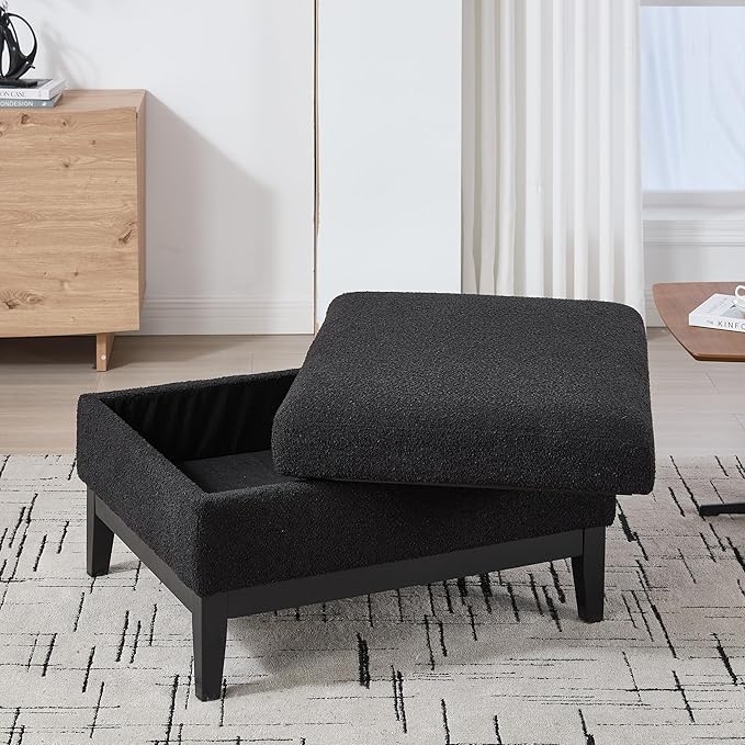 Wood Base Accent Arm Chair with Ottoman and Bolster PillowsStorage Footstool with Reversible Lid Coffee Table for Living Room Office (33.86W Black Foot Stool+Black Base)